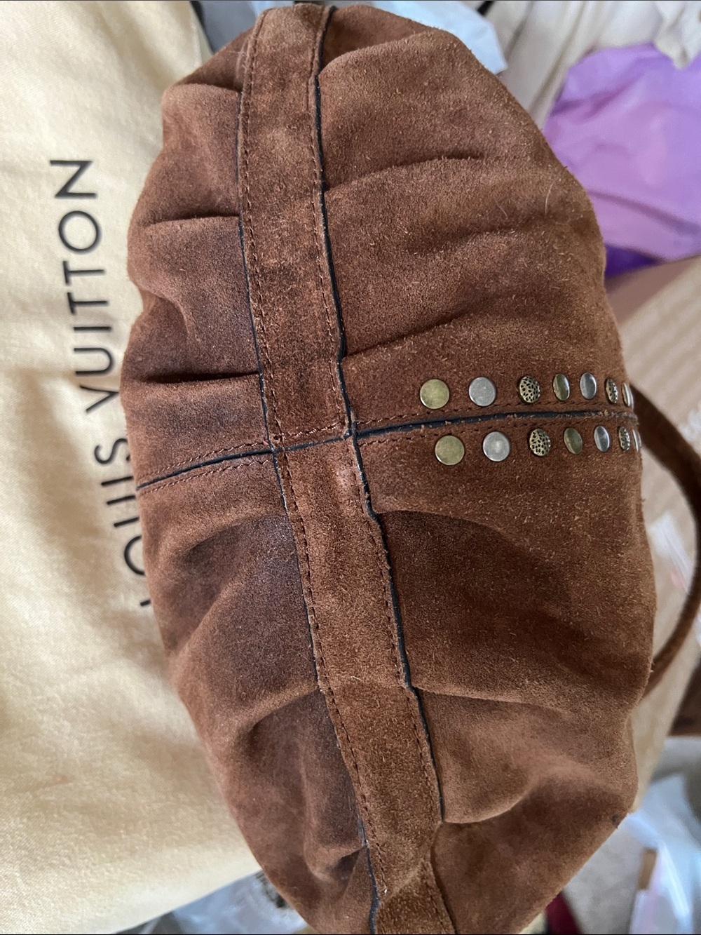 Patricia Nash Women’s Bello Cognac Suede Shoulder Hobo Bag Purse Studded Zip - Picture 5 of 16
